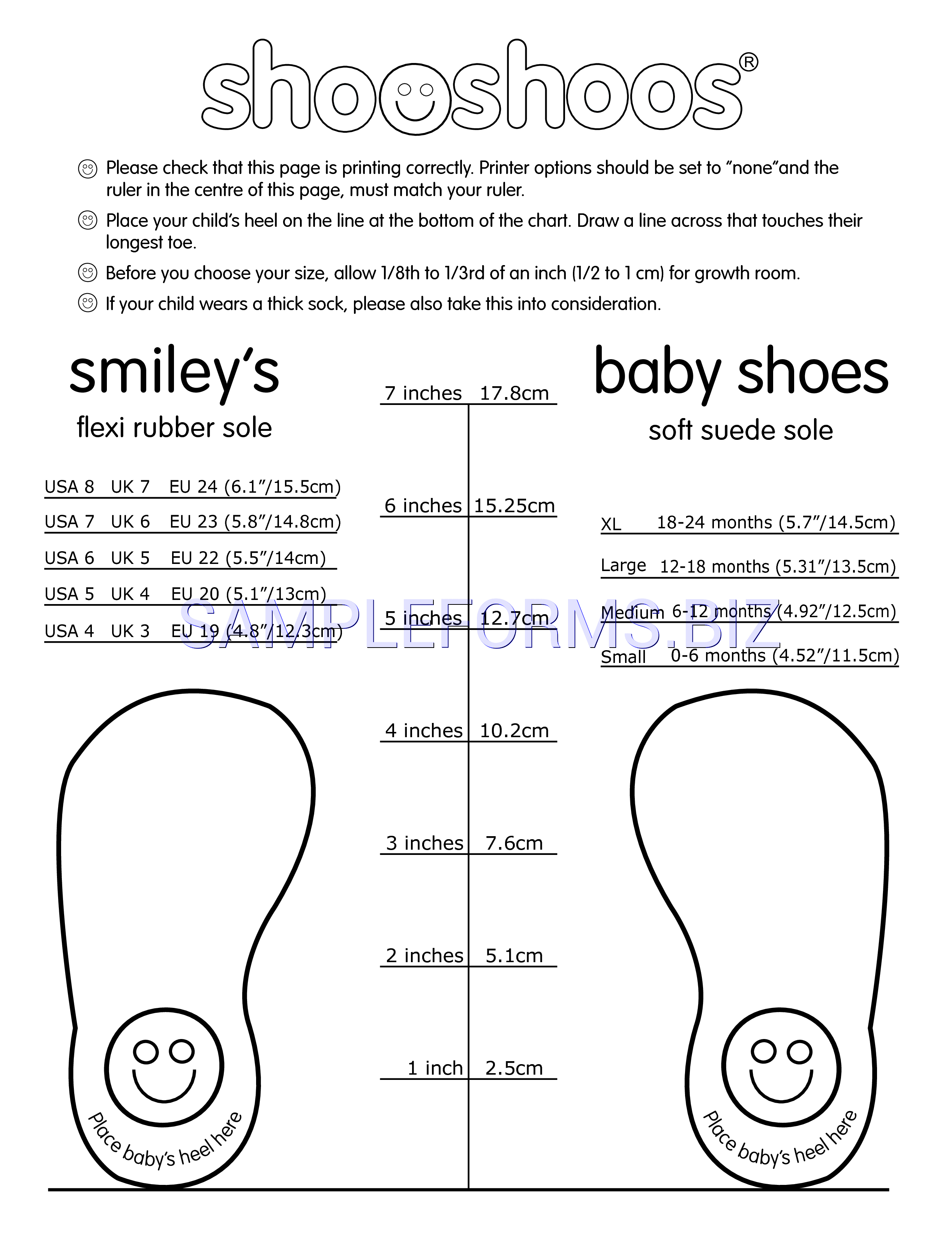Preview free downloadable Shooshoos Sizing Chart in PDF (page 1)
